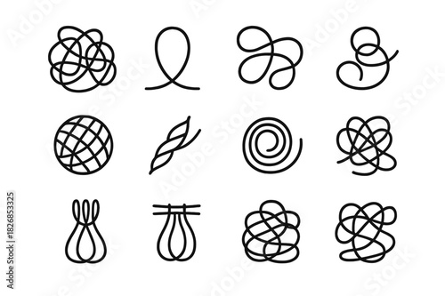 Tangled String Icons. Tangled strings. Line icon set of tangled strings: messy knot, thread loop, overlapping lines, curled string, string ball, twisted