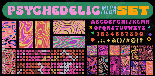 Psychedelic mega collection with bold retro 70s liquid swirl patterns and groovy distorted alphabet. Vector illustration for psychedelic art, trippy design, retro rave aesthetics, acid graphics.