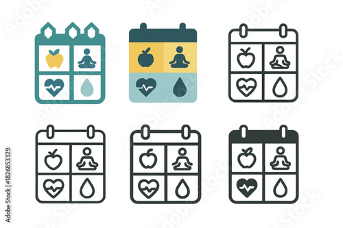 Wellness Plan Logos. Personalized wellness plans. Icon set. Set Logo of personalized wellness plans: Calendar with wellness icons. harmonious logo variations