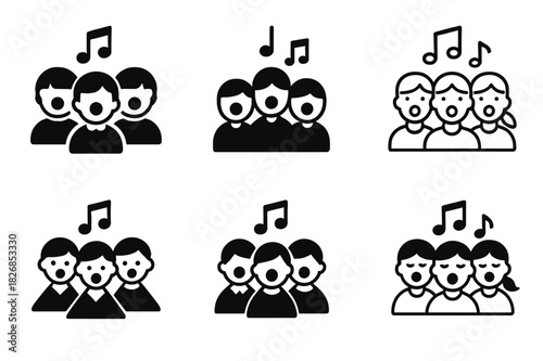 School Choir Logos. Singing for musical productions in schools. Icon set. Set Logo of singing for musical productions in schools: Children singing in harmony.