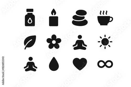 Holistic Wellness Icons. Holistic Approaches to Health and Wellness. Solid icon set of Holistic Approaches to Health and Wellness: lotus, meditation pose,