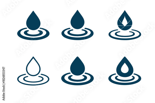 Ripple Logo Variations. Ripple. Icon set. Set Logo of ripple: water droplet creating rings. harmonious logo variations of the same emblematic concept, each