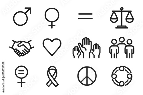 Gender Equality Icons. Gender equality. Line icon set of gender equality: male symbol, female symbol, equal sign, balance scale, handshake, heart, raised