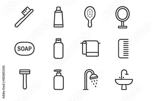 Personal Care Icons. Personal Care. Line icon set of Personal Care: toothbrush, toothpaste, hairbrush, mirror, soap, shampoo bottle, towel, comb, razor, lotion