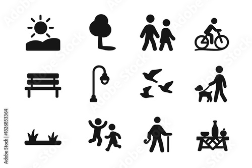 Outdoor Icon Collection. Outdoor scenes. Solid icon set of Outdoor scenes: sun over hill, tree with shadow, blue sky, people walking, bike path, park bench,
