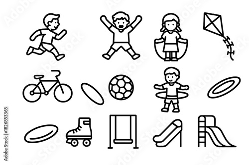Youthful Fitness Icons. Youthful Fitness. Line icon set of Youthful Fitness: running child, jumping kid, skipping rope, bicycle, skateboard, soccer ball, hula