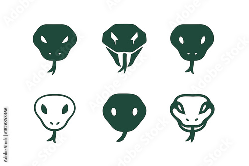 Snake Logo Variations. Snake. Icon set. Set Logo of snake: Snake head with tongue out. harmonious logo variations of the same emblematic concept, each with