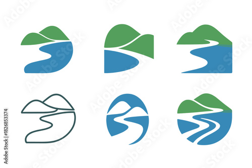 Nature Relaxation Logos. Nature relaxation. Icon set. Set Logo of nature relaxation: Flowing river. harmonious logo variations of the same emblematic concept,