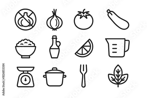Low FODMAP Icons. Low FODMAP cooking. Line icon set of low FODMAP cooking: garlic crossed out, onion, tomato, zucchini, rice bowl, olive oil, lemon, measuring