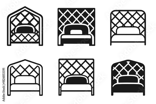 Wallpaper Decor Icons. Creative Ways to Use Wallpaper in Home Decor. Icon set. Set Logo of Creative Ways to Use Wallpaper in Home Decor: patterned headboard