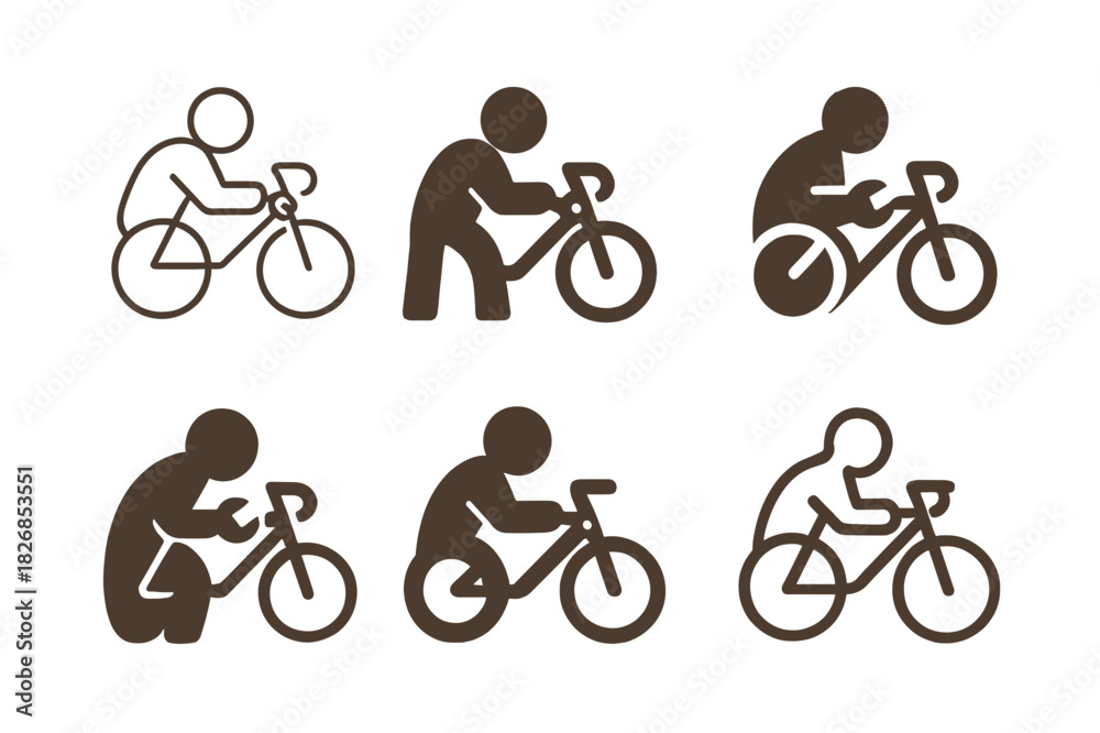 Obraz premium Bicycle Repair Logos. Fixing a bicycle. Icon set. Set Logo of fixing a bicycle: Mechanic tightening a bolt on bike. harmonious logo variations of the same