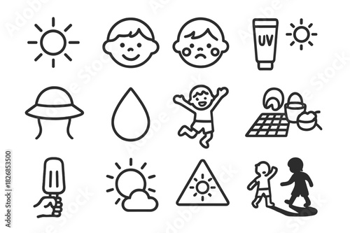 Sunny Day Icons. Sun and kids. Line icon set of sun and kids: sun rays, smiling child, sunburn cheeks, sunscreen icon, hat with strings, sweat droplet, jumping