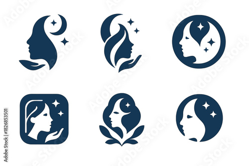 Nighttime Skincare Icons. Creating a night-time skincare routine. Icon set. Set Logo of skincare: nighttime relaxation symbol. harmonious logo variations of