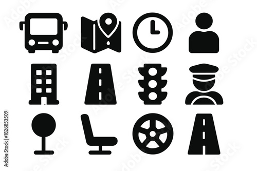 City Commute Icons. City Commute. Solid icon set of City Commute: bus, map, clock, passenger, building, street, traffic signal, driver, stop post, seating,