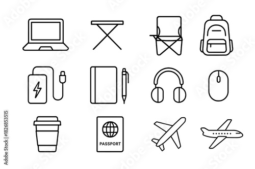 Remote Work Essentials. Remote Work Travel. Line icon set of Remote Work Travel: laptop, foldable desk, travel chair, backpack, power bank, notebook, pen,