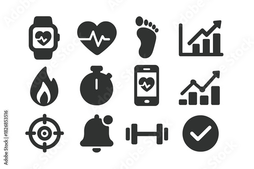 Fitness Icon Set. Fitness tracking. Solid icon set of Fitness tracking: smartwatch, heart rate, step count, progress chart, calories burned, stopwatch, fitness