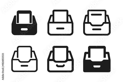 Filing Cabinet Icons. Filing documents in a filing cabinet. Icon set. Set Logo of Filing documents in a filing cabinet: Stack of folders. harmonious logo