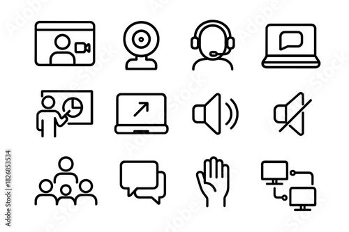 Virtual Meeting Icons. Virtual meeting. Line icon set of virtual meeting: video call window, webcam icon, headset user, laptop with chat, online presentation,