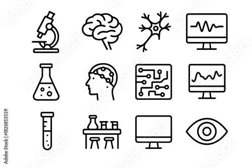 Neuroscience Icon Set. Neuroscience laboratory. Line icon set of neuroscience laboratory: microscope, brain, neuron, computer screen, lab flask, EEG cap,