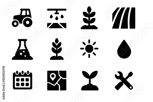 Field Management Icons. Field management. Solid icon set of Field management: farm tractor, irrigation, field layout, planting rows, soil testing, crop icons,