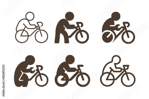 Bicycle Repair Logos. Fixing a bicycle. Icon set. Set Logo of fixing a bicycle: Mechanic tightening a bolt on bike. harmonious logo variations of the same