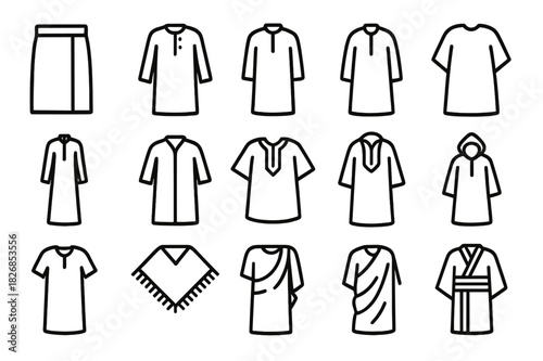 Ethnic Garments Icons. Ethnic garments. Line icon set of ethnic garments: sarong, kurta, thobe, boubou, ao dai, chapan, dashiki, jellaba, tunic, poncho, toga,