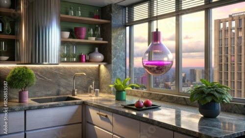 Modern luxury kitchen interior with city skyline sunset view