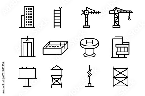 Urban Icons Set. Urban lifestyle. Solid icon set of urban lifestyle: skyscraper, subway, bicycle, street light, coffee cup, office building, park bench,