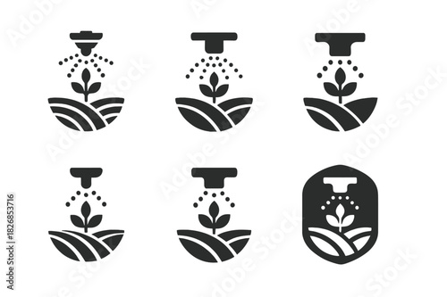 Innovative Farming Icons. Agricultural innovation. Icon set. Set Logo of agricultural innovation: automated irrigation system. harmonious logo variations of