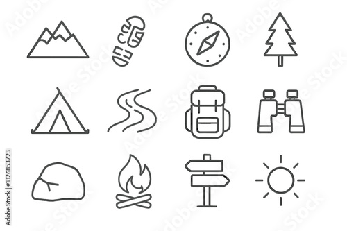 Outdoor Adventure Icons. Outdoor Adventure. Line icon set of Outdoor Adventure: mountain, boot print, compass, tree, tent, stream, backpack, binoculars, rock,