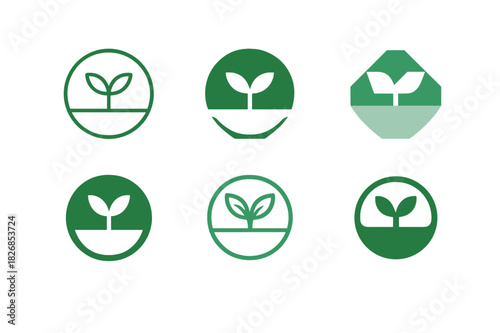 Plant-Based Logos. Plant-Based Diet. Icon set. Set Logo of Plant-Based Diet: eco plate with sprout. harmonious logo variations of the same emblematic concept,