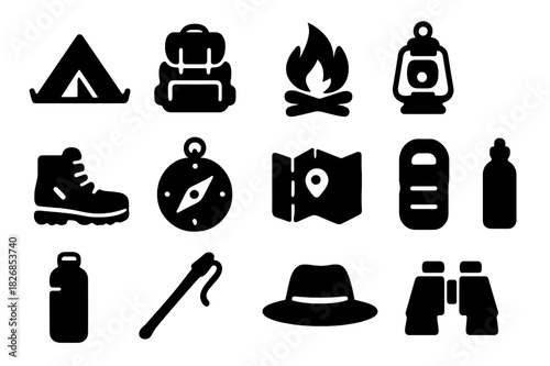 Camping Icon Set. Camping Adventure. Solid icon set of tent, campfire, backpack, compass, map, lantern, sleeping bag, hiking boots, tree, canoe, hat, water