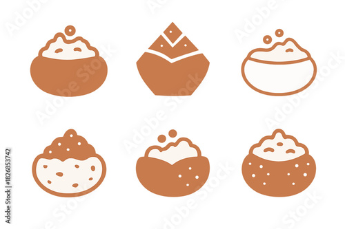Stuffed Potato Logos. Stuffed potatoes. Icon set. Set Logo of stuffed potatoes: stylized potato icon. harmonious logo variations of the same emblematic