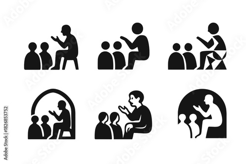 Storytelling Nights Logos. Cultural storytelling nights. Icon set. Set Logo of storytelling nights: audience with attentive posture. harmonious logo variations
