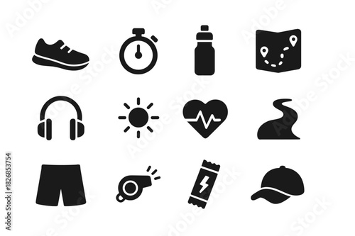 Running Icon Set. Running and Jogging. Solid icon set of Running and Jogging: running shoe, stopwatch, water bottle, route map, headphones, sun, heart rate,