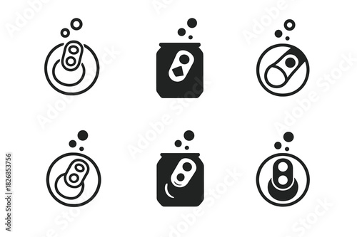 Soda Can Logos. soda can open. Icon set. Set Logo of soda can open: carbonated burst. harmonious logo variations of the same emblematic concept, each with