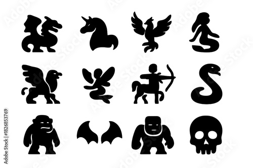 Fantasy Creature Icon Set. Fantasy Creatures. Solid icon set of Fantasy Creatures: dragon, unicorn, phoenix, mermaid, griffin, fairy, centaur, serpent, troll,