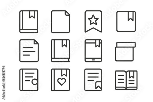Bookmark Icon Set. Bookmarked page. Line icon set of bookmarked page: book with bookmark, folded corner, star tag, ribbon marker, saved page, book icon,