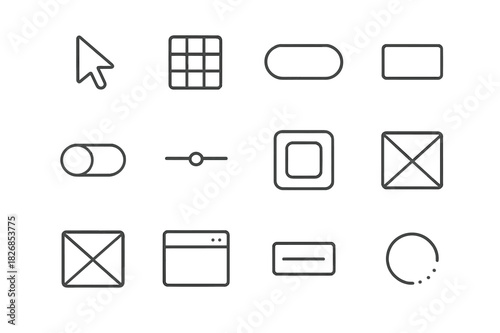 Minimalist UI Icon Set. Minimalist UI design. Line icon set of minimalist UI design: cursor, layout grid, button, text field, toggle, slider, app frame, icon
