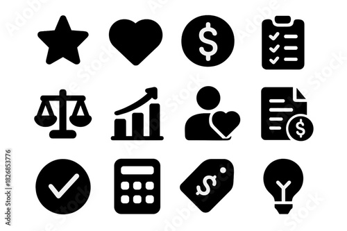 Value-Based Pricing Icons. Value-Based Pricing. Solid icon set of Value-Based Pricing: star, heart, coin, clipboard, scale, chart, person icon, document,