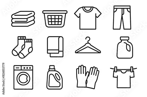 Laundry Icon Set. Folding Laundry. Line icon set of Folding Laundry: t-shirt, pants, socks, towel, laundry basket, hanger, ironing board, folded stack, washing