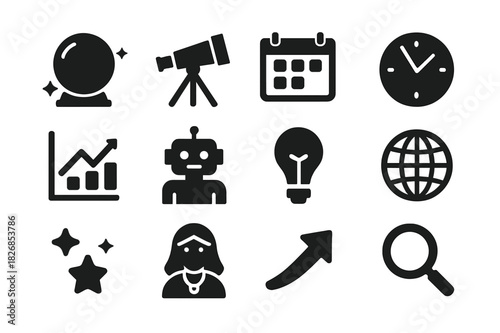 Future Prediction Icons. Forecasting Future. Solid icon set of crystal ball, telescope, calendar, clock, graph, AI robot, light bulb, globe, stars, fortune