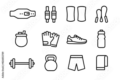 CrossFit Gear Icons. CrossFit gear. Line icon set of CrossFit gear: lifting belt, wrist wraps, knee sleeves, jump rope, chalk bag, gloves, gym shoes, water