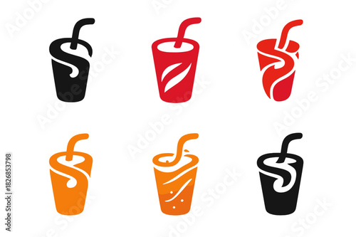 Creative Soda Pop Logos. Soda pop. Icon set. Set Logo of soda pop: creative straw swirl. harmonious logo variations of the same emblematic concept, each with