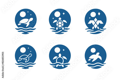 Moonlit Marine Icons. Marine life under moonlit waters. Icon set. Set Logo of marine life under moonlit waters: sea turtle swimming in moonlight. harmonious