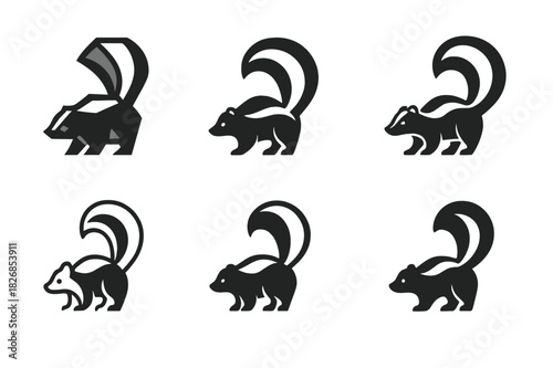 Skunk Logo Variations. Skunk. Icon set. Set Logo of Skunk: curled tail and stripe motif. harmonious logo variations of the same emblematic concept, each with