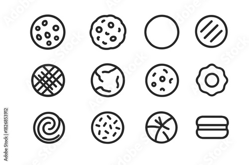 Cookie Icon Set. Types of cookies. Line icon set of types of cookies: chocolate chip, oatmeal raisin, sugar cookie, peanut butter, snickerdoodle, double