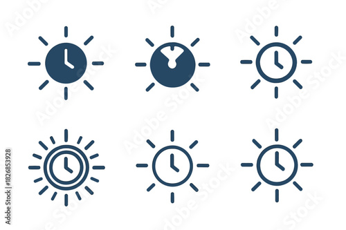 Intentions Logo Variations. Setting intentions for the next day. Icon set. Set Logo of setting intentions for the next day: clock with light rays. harmonious