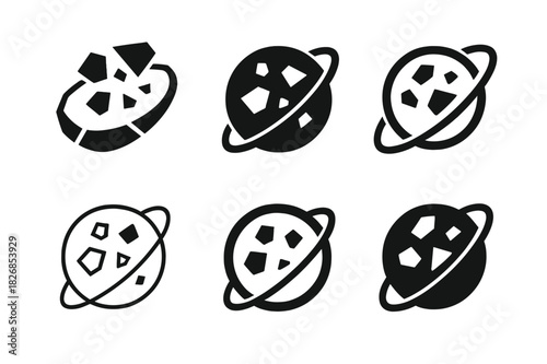 Space Debris Logos. space debris. Icon set. Set Logo of space debris: earth with orbiting fragments. harmonious logo variations of the same emblematic concept,