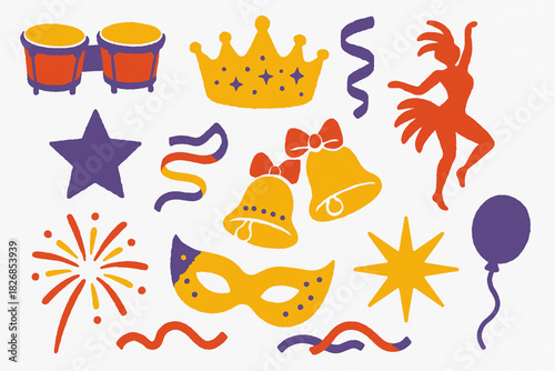 Carnival icon set torn vector ripped style drums crowns ribbons bells dancers on white background